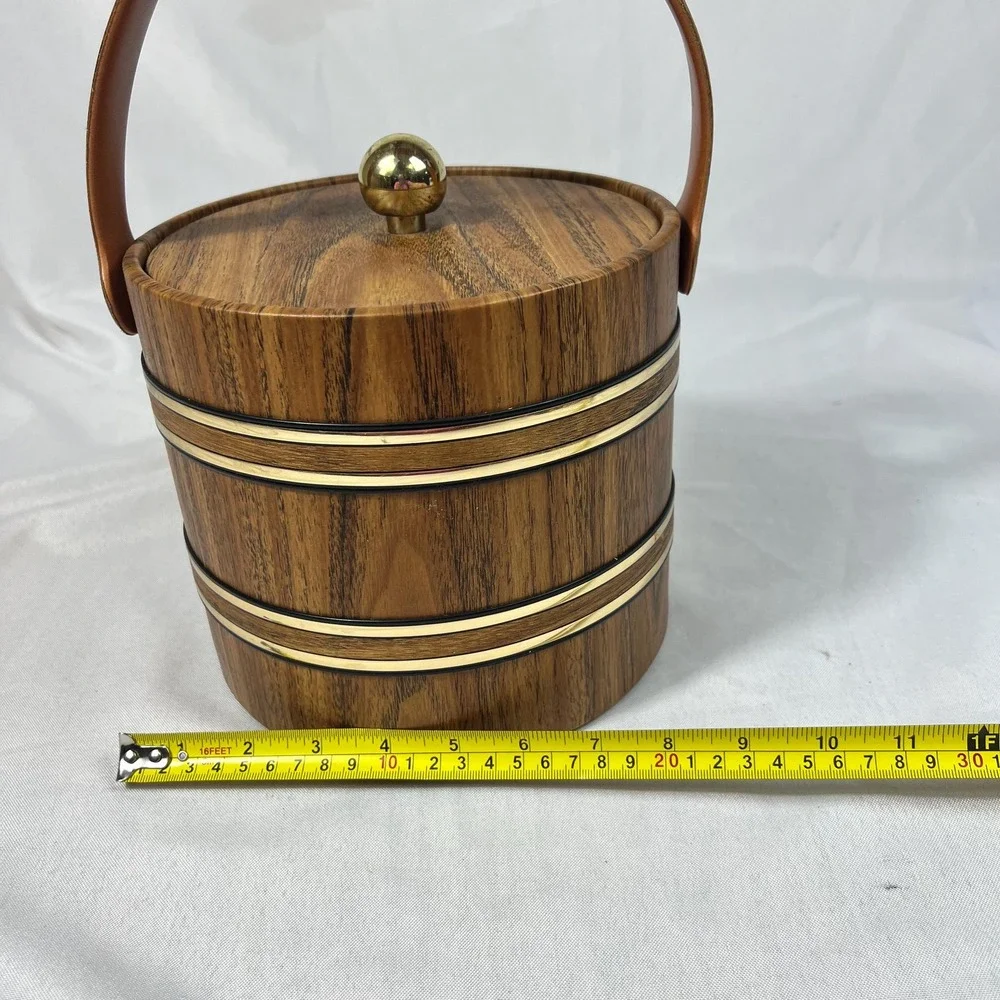 VTG Faux Wood Ice Bucket with Lid Handle Gold Tone Trim Elmar MFG LA Barware
